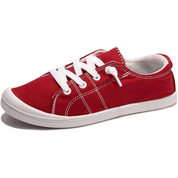Women's Red Classic Canvas Fashion Comfort Slip On Walking Sneakers Shoes - Picture 1 of 7